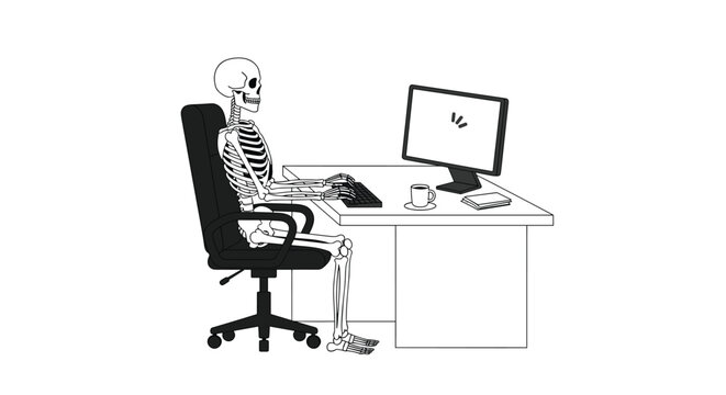 A black and white skeleton sits in an office chair, typing at a desk with a computer monitor and coffee cup.