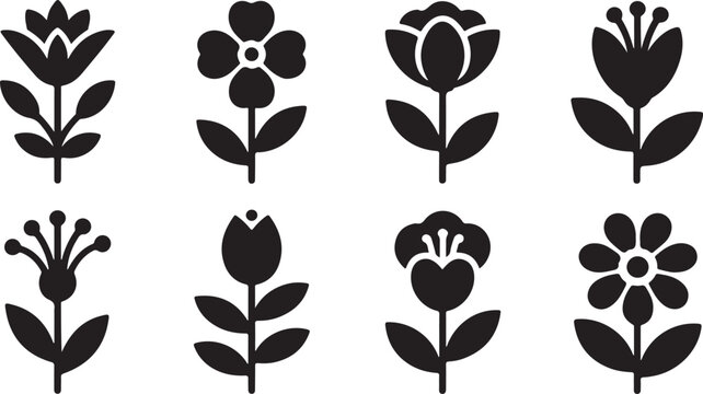Another grid of eight black silhouette flower icons showing various simplified botanical forms