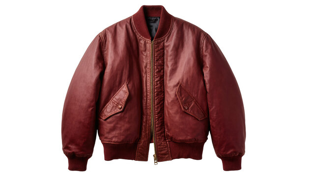 A stylish dark red leather bomber jacket for men, offering a classic fashion statement