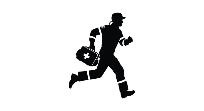 A dynamic black silhouette depicts a medic running with a first aid kit conveying urgency and healthcare assistance silhouette high quality