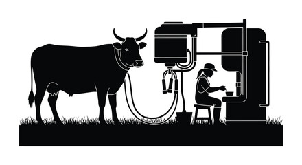 A striking black silhouette depicts a farmer milking a cow with modern machinery in a rural setting silhouette high quality professional © CreativeAkash099