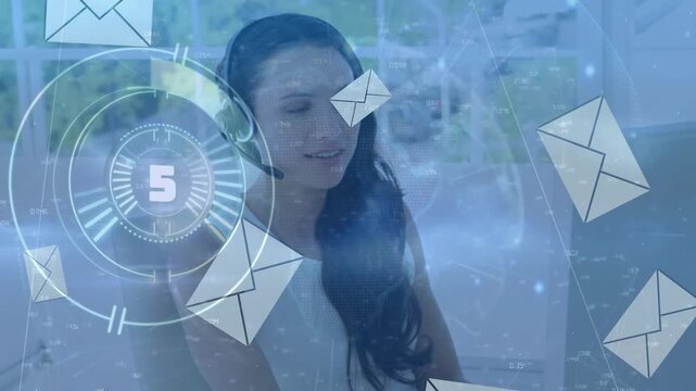 Animation of data processing envelope icons over caucasian businesswoman using phone headset