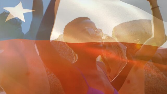 Animation of waving of chile flag over group of friends on the beach