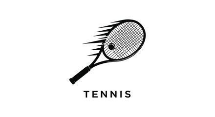 A striking black silhouette of a tennis racquet with speed lines accompanied by the word tennis below silhouette high quality professional © CreativeAlim02