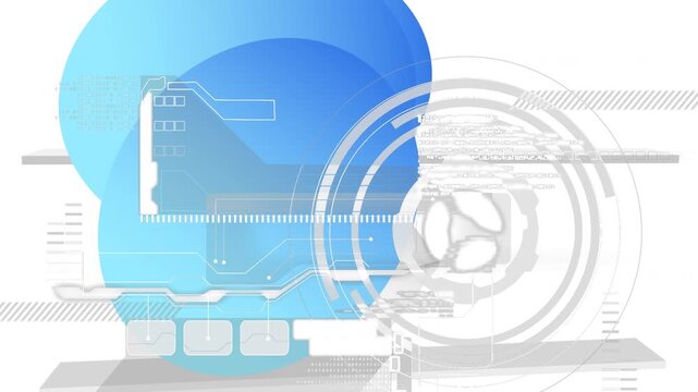 Animation of scanner and data processing over blue abstract shape on white background