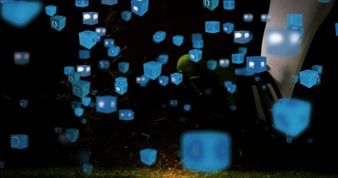 Animation of media icons over rugby ball with samoa text on black background