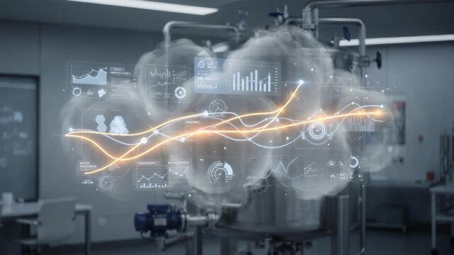 Medium shot showing a cloudbased dashboard visualizing predictive alerts and performance metrics of an adhesive reactor enhancing batch process efficiency.