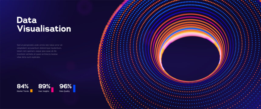 Digital Transformation Background Featuring Luminous Torus, Colorful Particle Ring, And Dynamic Tech Spiral On Purple Gradient. Futuristic Forms And Waves. Vector Illustration.