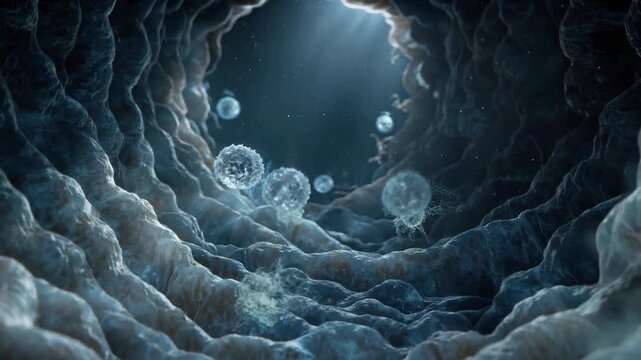 Cinematic motion footage of a microscopic view inside human intestinal walls with floating bacteria 3d animation background