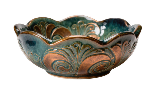 Elegant scalloped ceramic bowl featuring a rich teal and metallic copper relief pattern