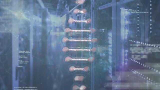 Animation of dna structure and computer coding with server room in background