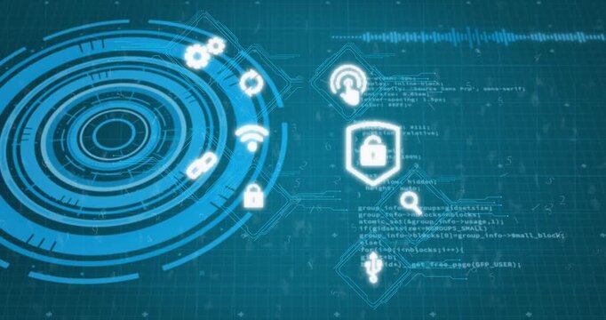 Animation of media icons over circular scanner and data processing on dark interface