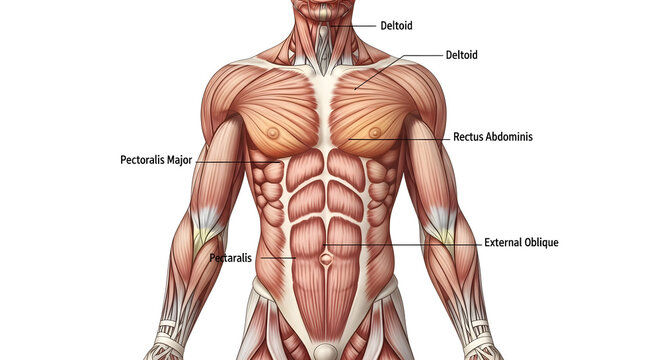 An anatomical illustration showcasing the musculature of the human torso and upper body, with labels identifying key muscle groups