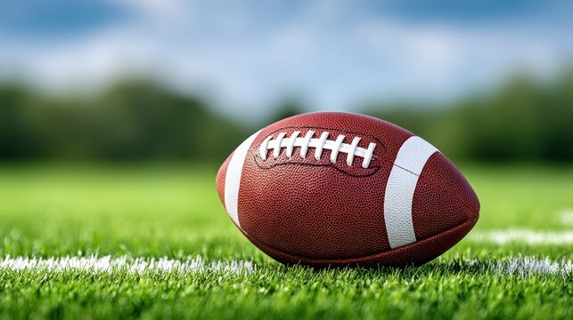 Close-up of a brown american football on green grass near a white field line, with blurred trees and blue sky behind, lit by sunlight and ready for a game