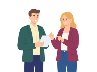 Obraz premium Modern business collaboration illustration featuring two professionals discussing information on a digital tablet. Ideal for teamwork, communication, consulting, office, and workplace concepts.