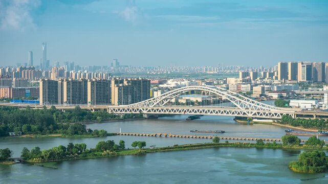 High-angle time-lapse of Baodai Bridge and Grand Canal, Suzhou, Jiangsu, China