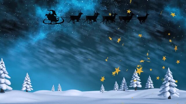 Animation of santa riding sleigh, stars floating over snow covered trees and land against sky