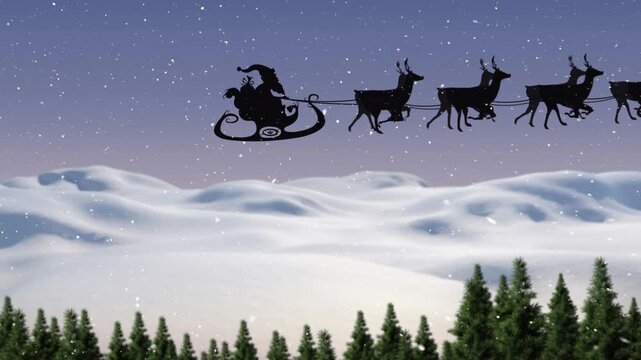Animation of santa flying sleigh with reindeer over snow covered mountains against sky