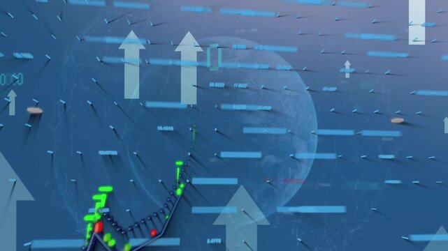 Animation of financial data processing and arrow moving upwards over globe against blue background