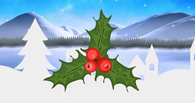 Animation of snow falling over mistletoe icon against winter landscape