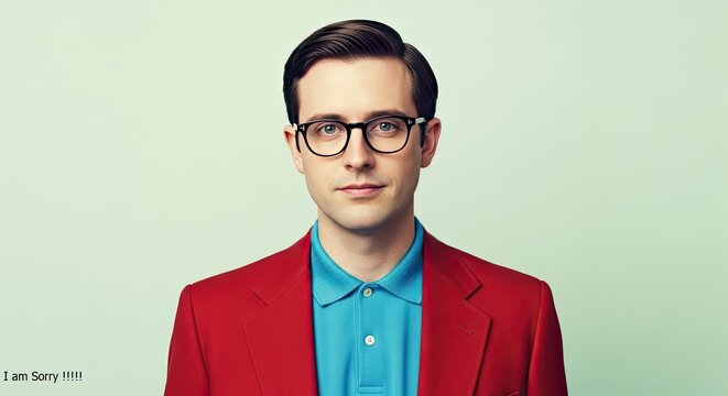 A young man in a red blazer and blue shirt looks apologetic in a studio portrait