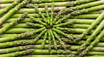 Fototapeta premium A close-up shot of a dense arrangement of fresh green asparagus spears. The spears are tightly packed, creating a symmetrical pattern in the center of the image.