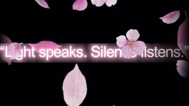 Pink petals falling slowly on black background with inspirational quotes overlay