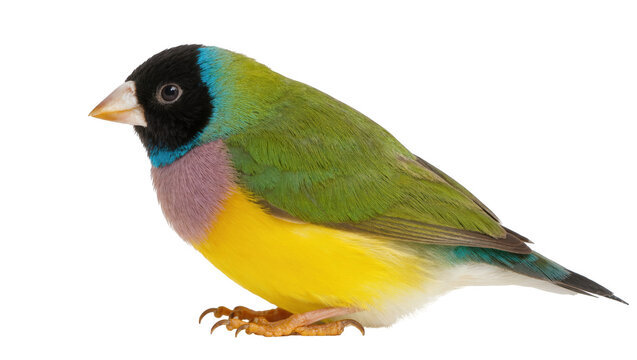 Vibrant Gouldian finch with black head, green back, and yellow chest, standing in profile