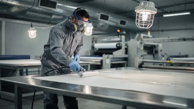 Medium shot of a worker carefully applying solventbased laminating adhesive in a wellventilated industrial area equipped with explosionproof lighting and safety gear.