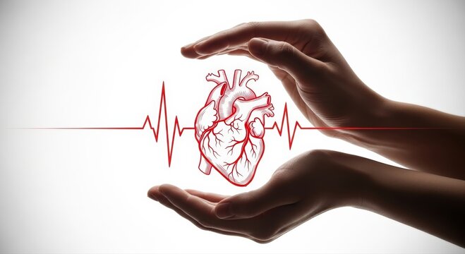 Gently cradled heart, outlined in red, symbolizes cardiovascular health, heart disease awareness, and stroke prevention, a powerful concept