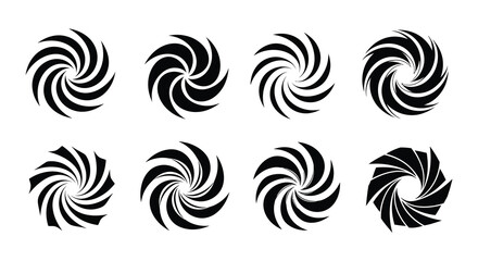 Eight swirling black shapes arranged in a grid displaying dynamic rotational forms a striking silhouette high quality professional detailed modern © CreativeAlim02