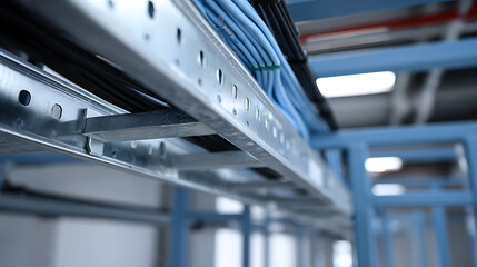 Fototapeta premium Industrial Infrastructure with Cable Trays and Blue Wires: Modern Network, Data, and Power Solutions for Technology and Building Systems