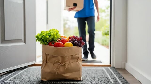 Courier delivering groceries to home. Man placing brown paper bag with fresh fruit and vegetable at entrance. Last mile logistic service for health food supply.