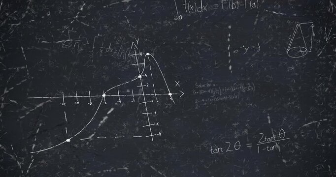 Animation of mathematical data processing over black chalkboard
