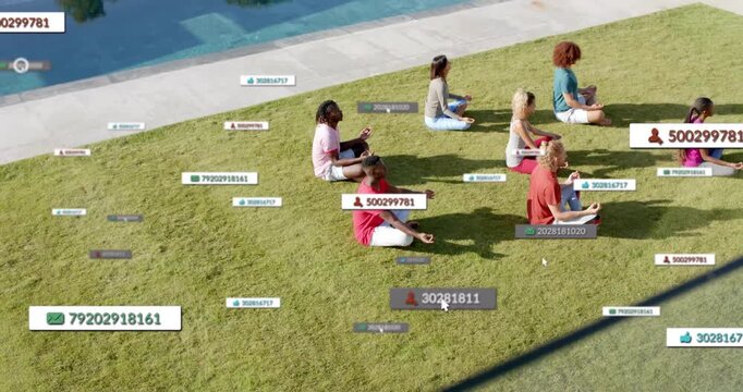 Animation of social media notifications over diverse yoga group meditating in sun