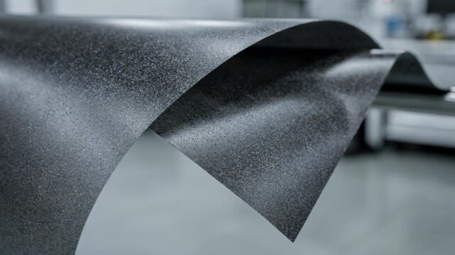 Medium shot of carbonfilled antistatic film with visible texture and flexibility designed to safely dissipate static charges in electronic device manufacturing environments.