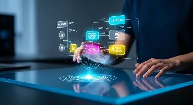Futuristic technology interface displaying data flow and business analytics on a glowing digital table with a person interacting