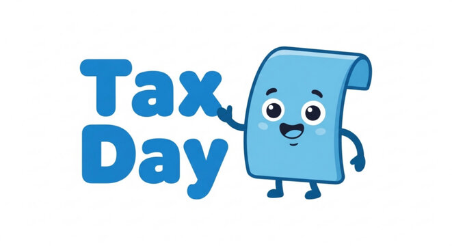 A cartoon receipt character with a smiling face and the words 'Tax Day' in bold blue letters.