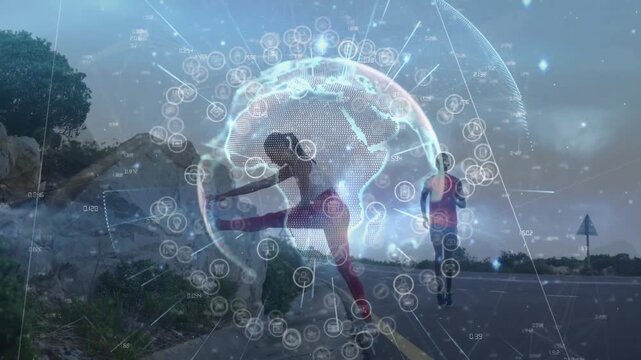 Woman stepping onto curb initiating digital globe animating health data while stretching hamstring