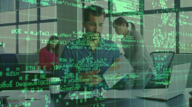 Male worker in office reading printed sheet and causing code grid fading for software review