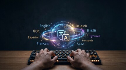 Hands typing on a keyboard with a glowing global translation interface displaying multiple languages, symbolizing digital communication and language technology.