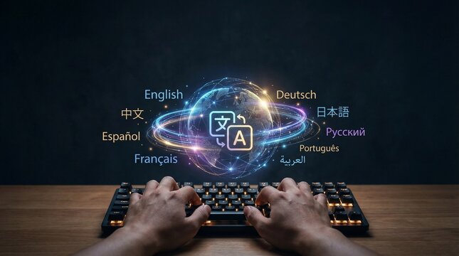 Hands typing on a keyboard with a glowing global translation interface displaying multiple languages, symbolizing digital communication and language technology.