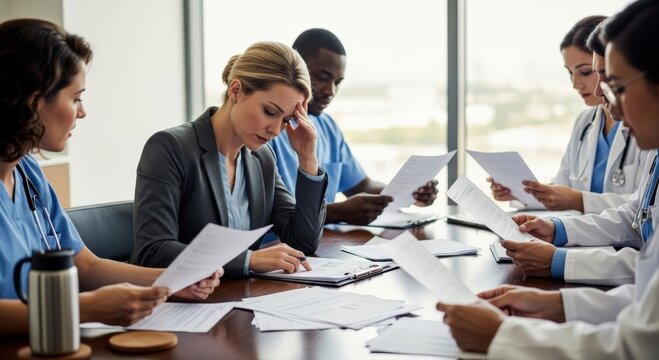 Stressed female doctor overwhelmed by medical paperwork at a conference table with supportive healthcare team facing funding challenges