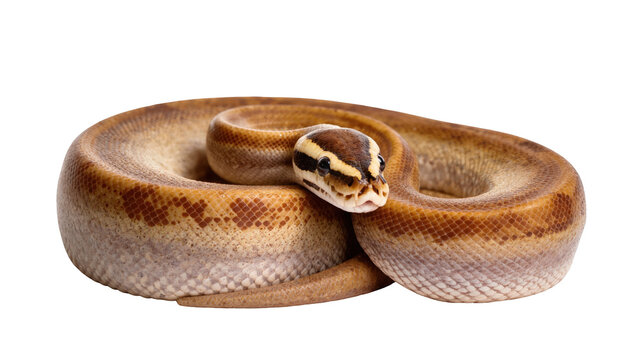Exotic adult ball python with beautiful patterned scales coiled and resting peacefully
