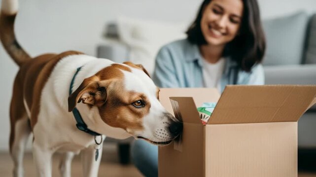 Woman watching dog sniffing cardboard delivery box at home. Monthly pet subscription supply order arrival. Happy customer receiving pet product package box content.