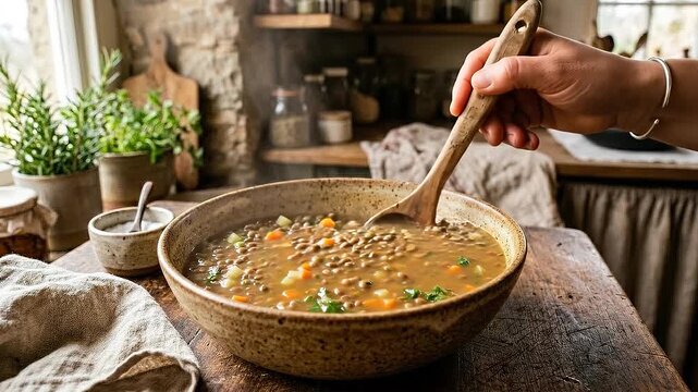 Ethical eating cozy lentil soup bowl on rustic wooden table with wooden spoon stirring warm vegetable carrot broth parsley hearty vegan wholesome