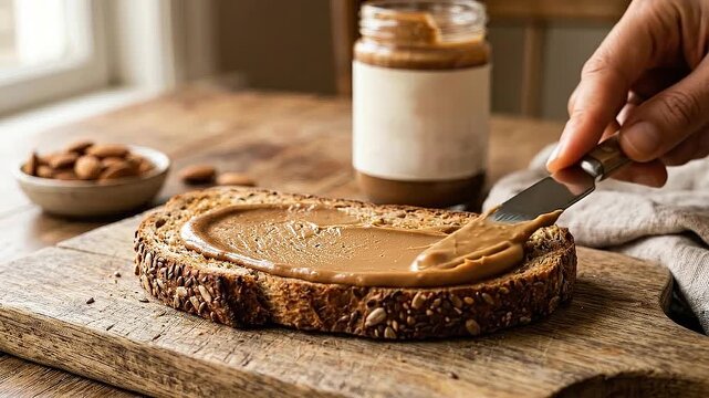 Creamy peanut butter spread whole grain bread knife spreading smooth almond butter toast healthy wholesome breakfast ethical eating simple wholesome