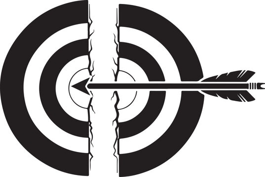 Broken target, cracked bullseye, arrow hitting mark, split board, black and white vector