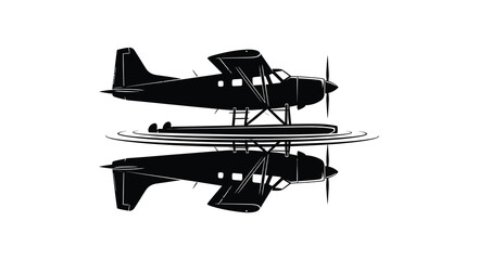A striking black silhouette depicts a seaplane and its reflection creating a symmetrical and artistic composition silhouette high quality professional detailed © CreativeAkash099