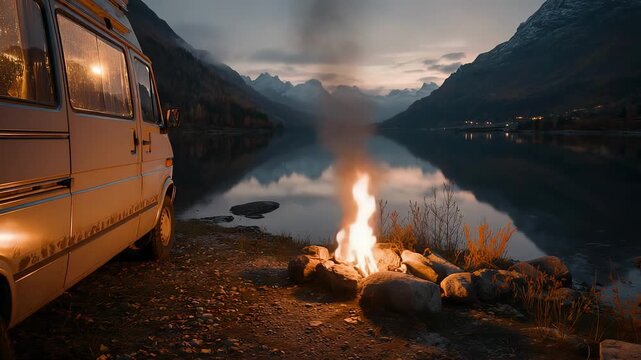 A rugged camper van sits on a rocky lakeshore at dusk; a small campfire glows among stones as calm water and distant mountains reflect the twilight sky